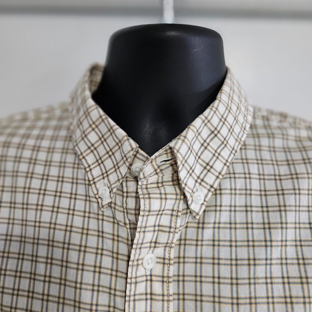 Timberland Size L Regular Fit Short Sleeve Ivory Green Plaid Button Front Shirt - Picture 6 of 6